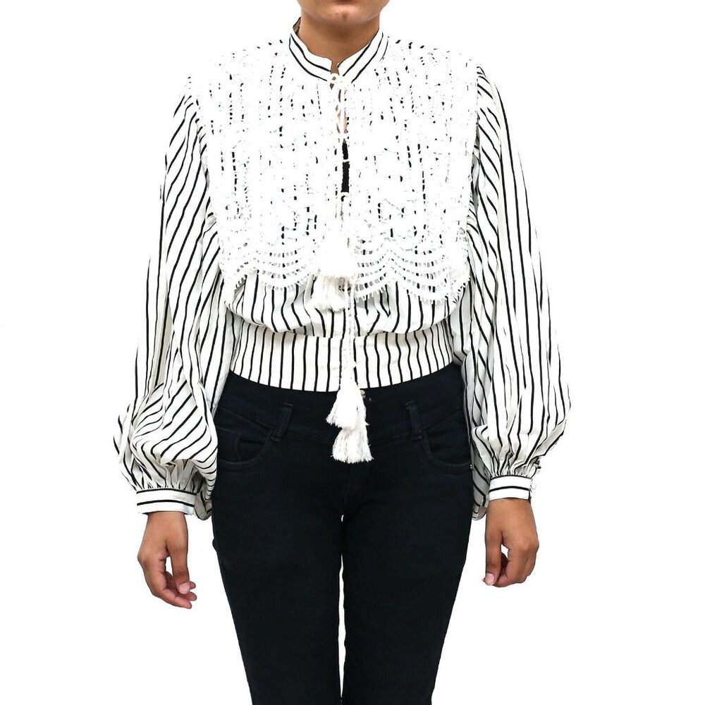 Uterque Striped Printed Floral Crochet Lace Blouse Top Buttondown S New 266755
